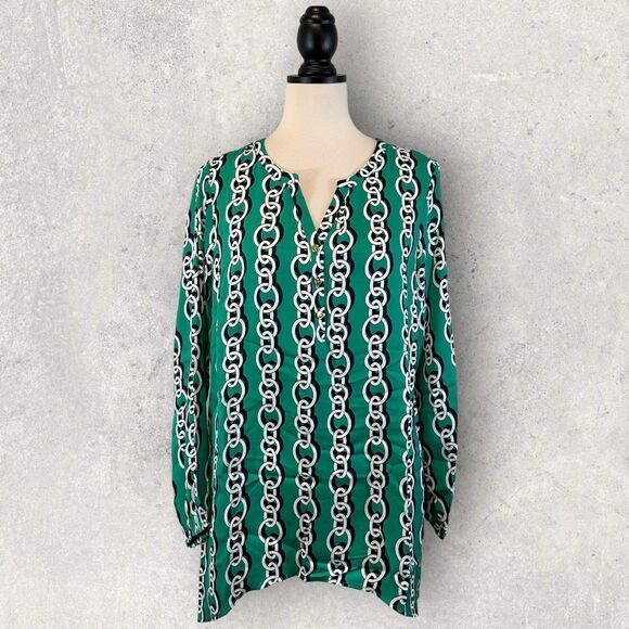 Iman Green Tunic Top Asymmetrical Hem Chainlink Print Size M NWT - Picture 2 of 11